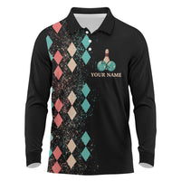 Custom Bowling Balls Long Sleeve Polo Shirt with Does This Shirt Make My Balls Look Big Quote and Retro Argyle Pattern - Wonder Print Shop