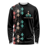 Custom Bowling Balls Long Sleeve Shirt with Does This Shirt Make My Balls Look Big Quote and Retro Argyle Pattern - Wonder Print Shop