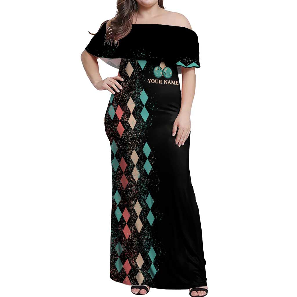 Custom Bowling Balls Off Shoulder Maxi Dress with Does This Shirt Make My Balls Look Big Quote and Retro Argyle Pattern - Wonder Print Shop