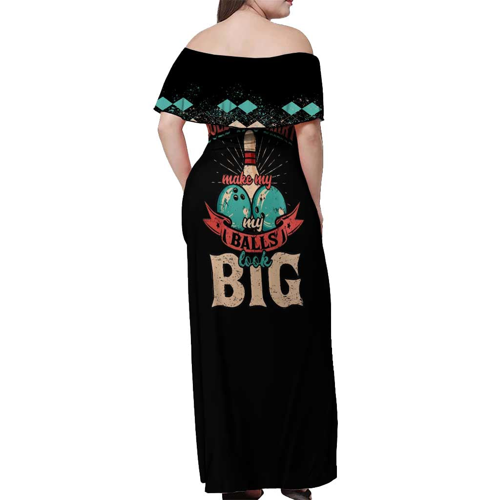 Custom Bowling Balls Off Shoulder Maxi Dress with Does This Shirt Make My Balls Look Big Quote and Retro Argyle Pattern - Wonder Print Shop