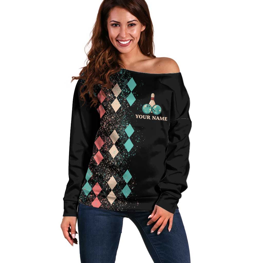 Custom Bowling Balls Off Shoulder Sweater with Does This Shirt Make My Balls Look Big Quote and Retro Argyle Pattern - Wonder Print Shop