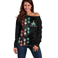 Custom Bowling Balls Off Shoulder Sweater with Does This Shirt Make My Balls Look Big Quote and Retro Argyle Pattern - Wonder Print Shop