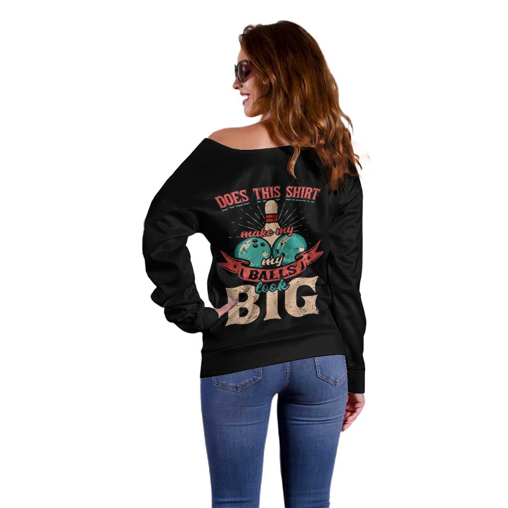 Custom Bowling Balls Off Shoulder Sweater with Does This Shirt Make My Balls Look Big Quote and Retro Argyle Pattern - Wonder Print Shop