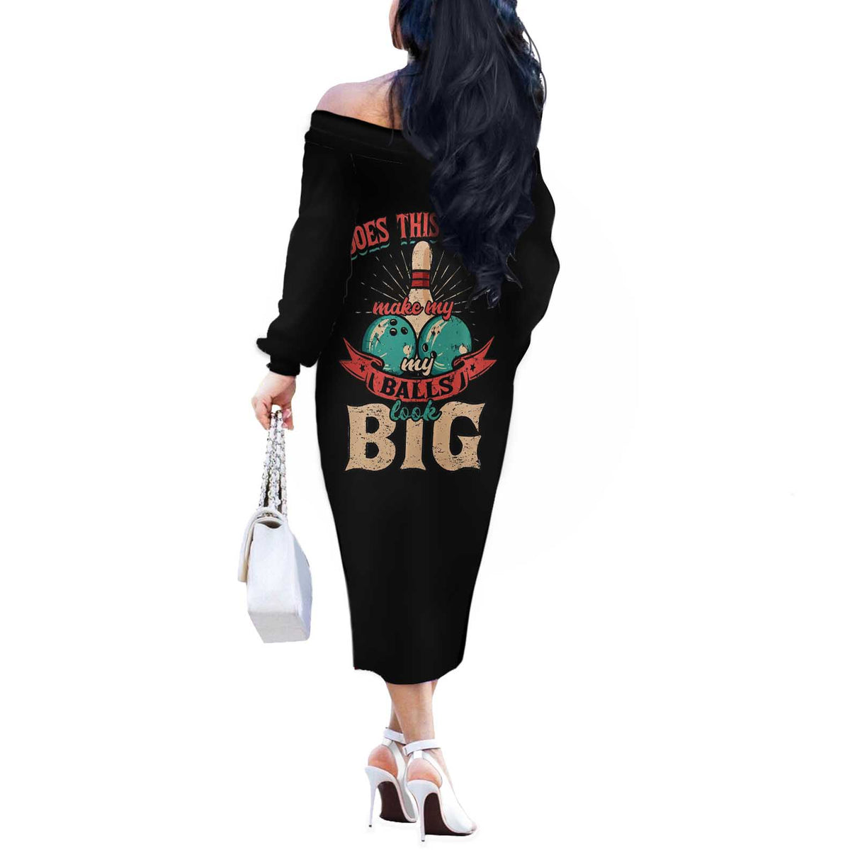 Custom Bowling Balls Off The Shoulder Long Sleeve Dress with Does This Shirt Make My Balls Look Big Quote and Retro Argyle Pattern - Wonder Print Shop