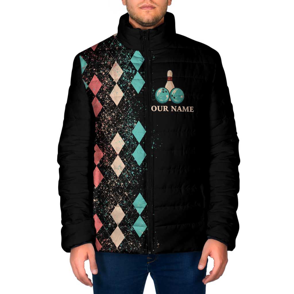 Custom Bowling Balls Padded Jacket with Does This Shirt Make My Balls Look Big Quote and Retro Argyle Pattern - Wonder Print Shop