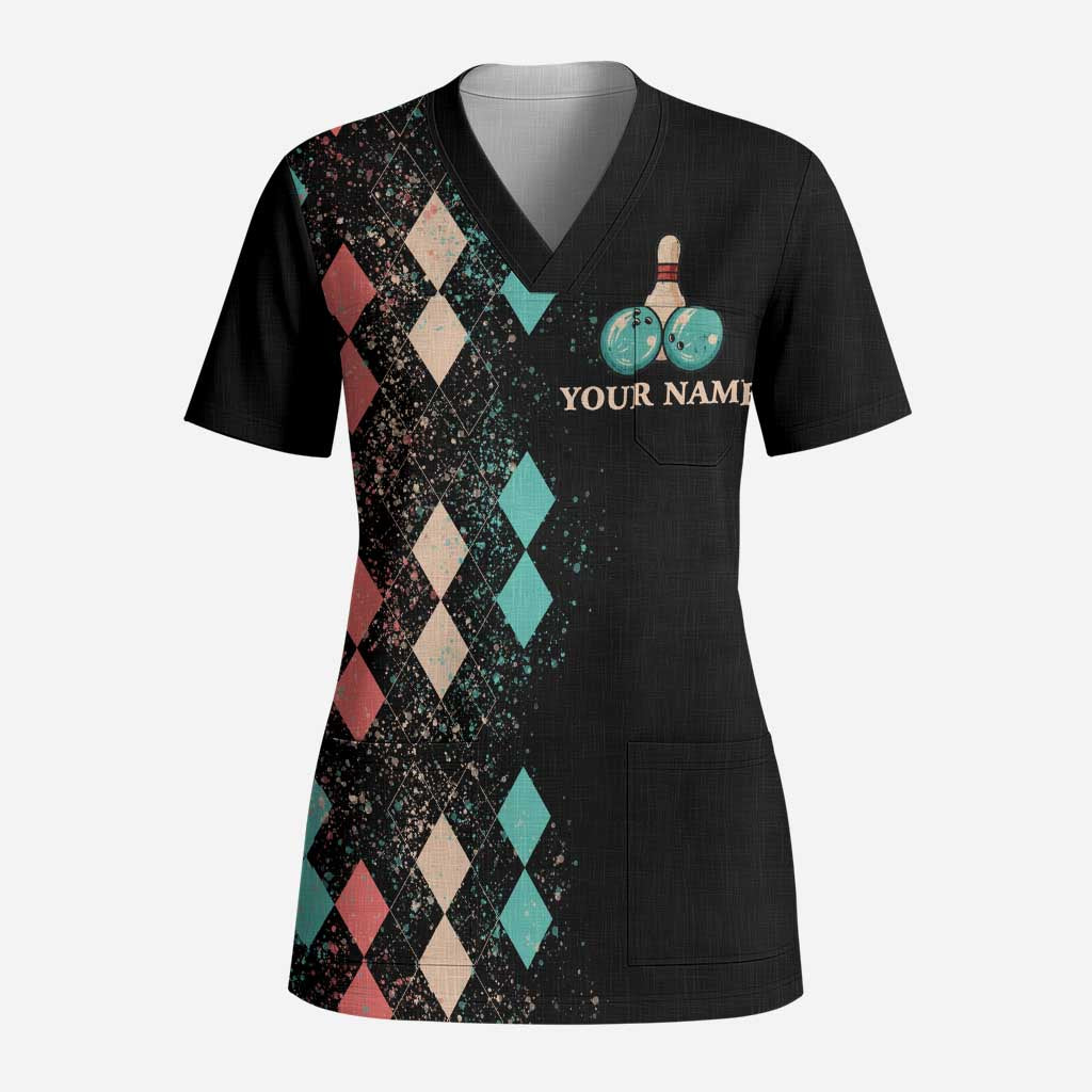 Custom Bowling Balls Scrub Top with Does This Shirt Make My Balls Look Big Quote and Retro Argyle Pattern - Wonder Print Shop