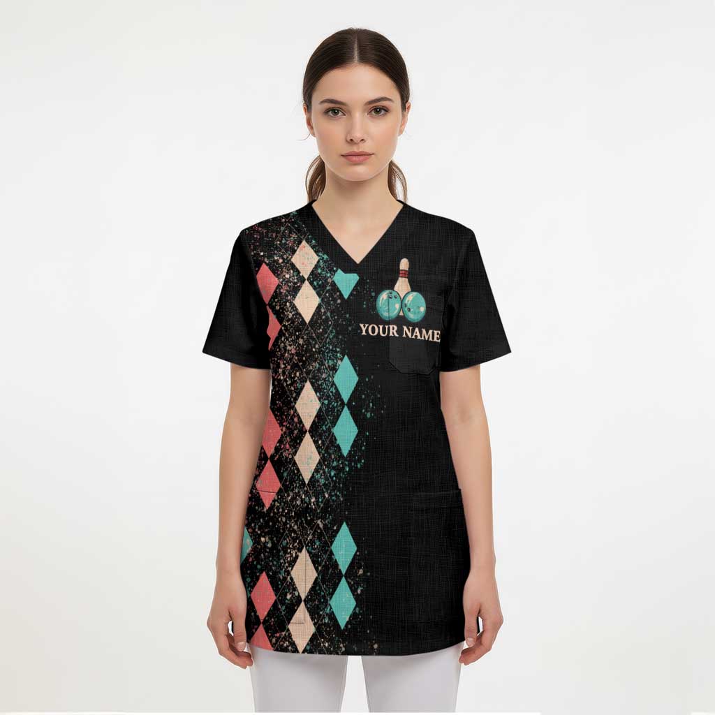 Custom Bowling Balls Scrub Top with Does This Shirt Make My Balls Look Big Quote and Retro Argyle Pattern - Wonder Print Shop