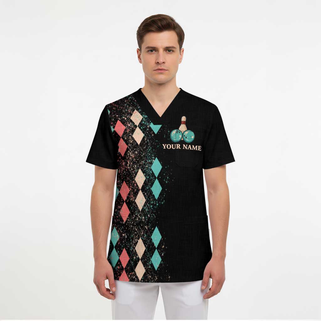 Custom Bowling Balls Scrub Top with Does This Shirt Make My Balls Look Big Quote and Retro Argyle Pattern - Wonder Print Shop