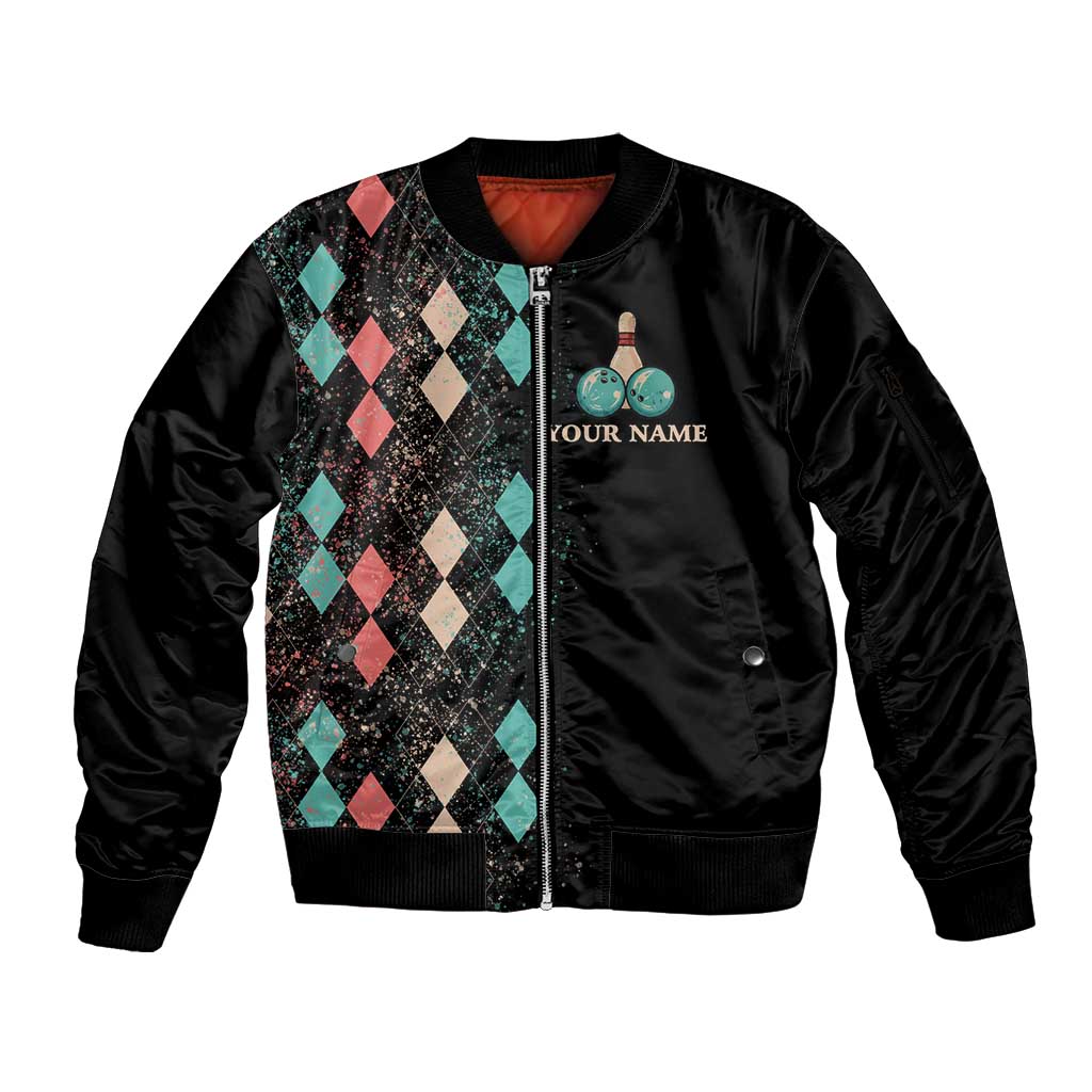 Custom Bowling Balls Sleeve Zip Bomber Jacket with Does This Shirt Make My Balls Look Big Quote and Retro Argyle Pattern - Wonder Print Shop