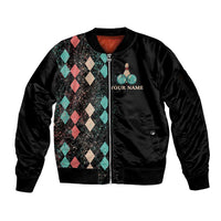 Custom Bowling Balls Sleeve Zip Bomber Jacket with Does This Shirt Make My Balls Look Big Quote and Retro Argyle Pattern - Wonder Print Shop
