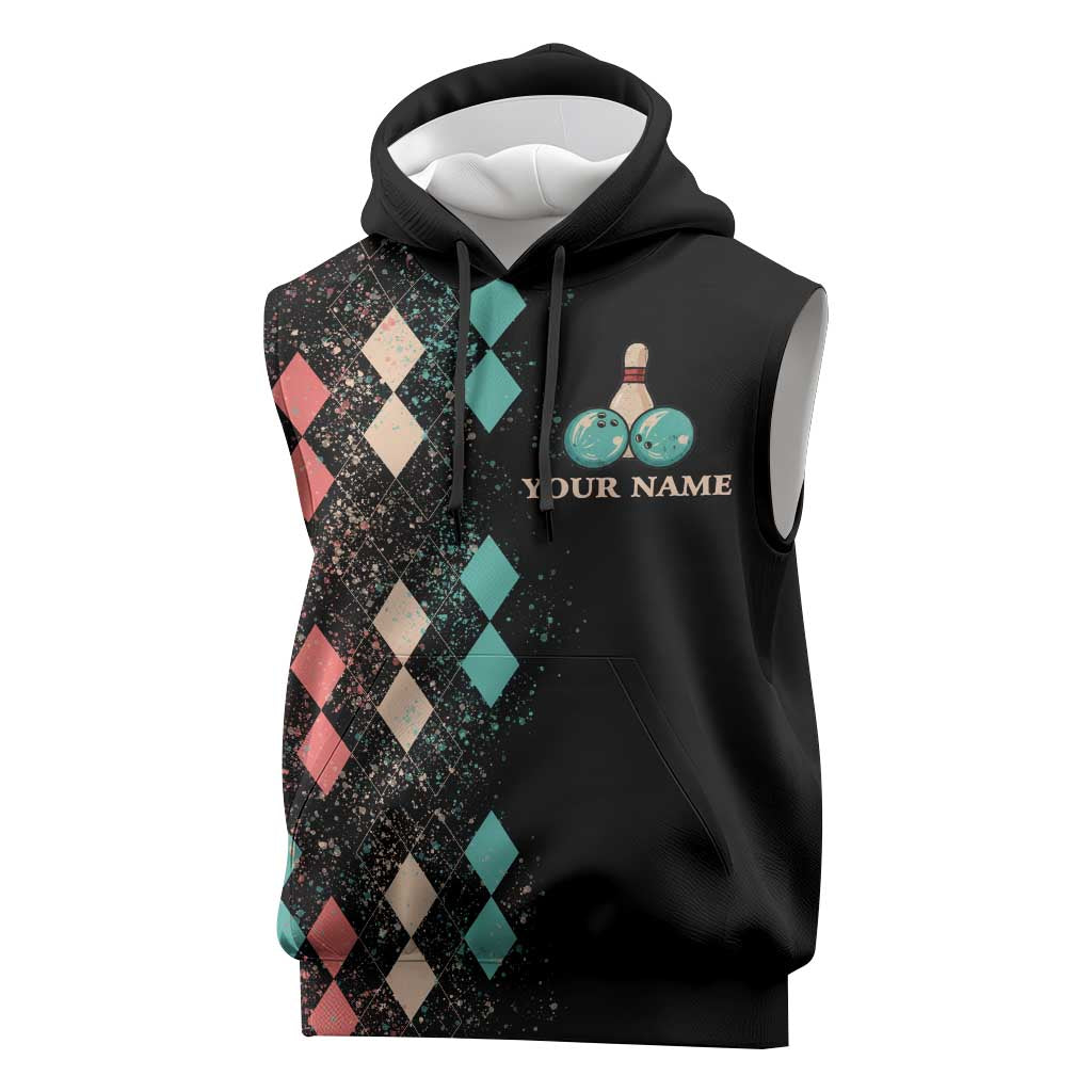 Custom Bowling Balls Sleeveless Hoodie with Does This Shirt Make My Balls Look Big Quote and Retro Argyle Pattern - Wonder Print Shop