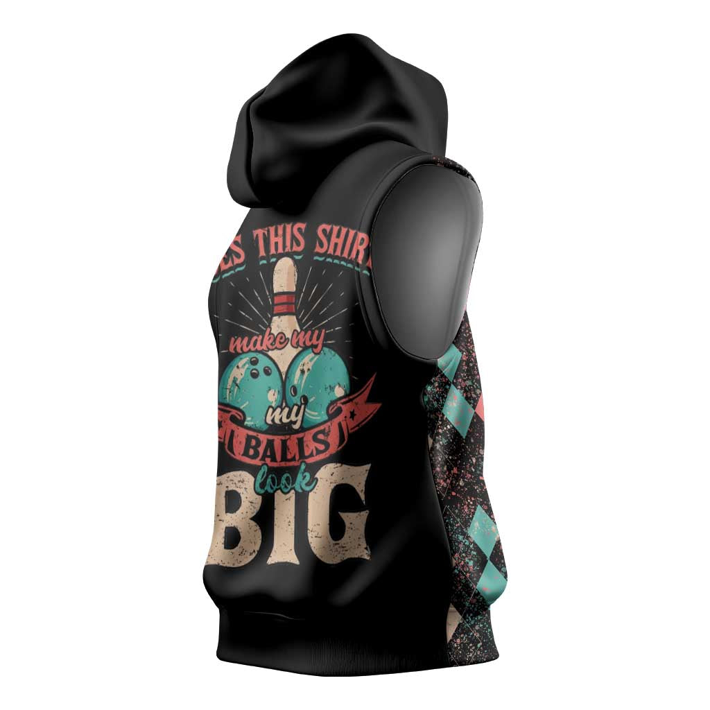 Custom Bowling Balls Sleeveless Hoodie with Does This Shirt Make My Balls Look Big Quote and Retro Argyle Pattern - Wonder Print Shop