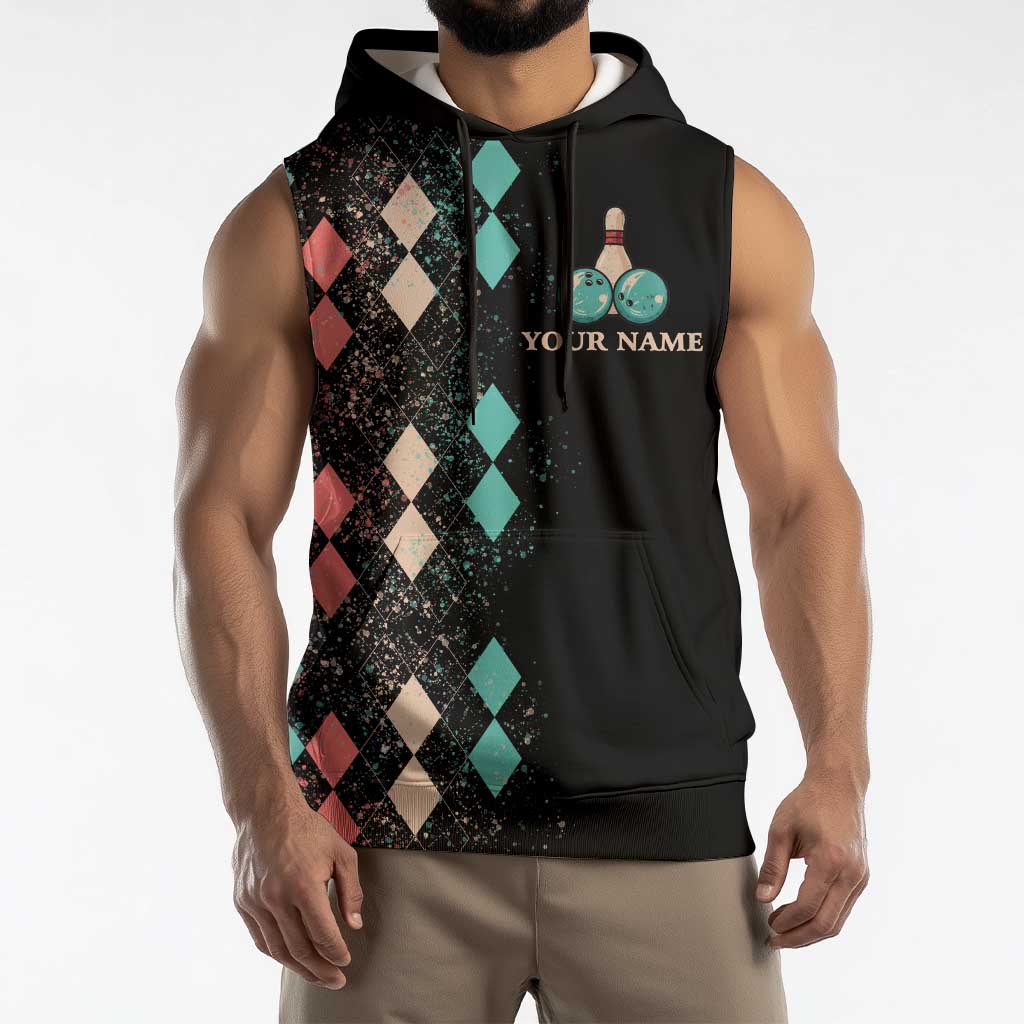 Custom Bowling Balls Sleeveless Hoodie with Does This Shirt Make My Balls Look Big Quote and Retro Argyle Pattern - Wonder Print Shop