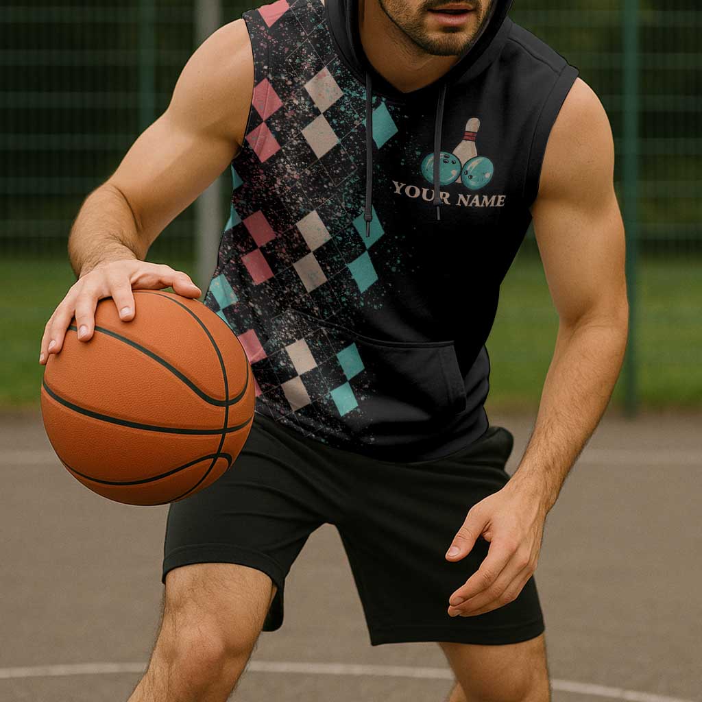 Custom Bowling Balls Sleeveless Hoodie with Does This Shirt Make My Balls Look Big Quote and Retro Argyle Pattern - Wonder Print Shop