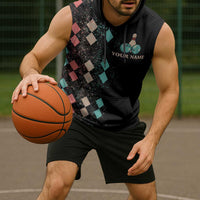 Custom Bowling Balls Sleeveless Hoodie with Does This Shirt Make My Balls Look Big Quote and Retro Argyle Pattern - Wonder Print Shop