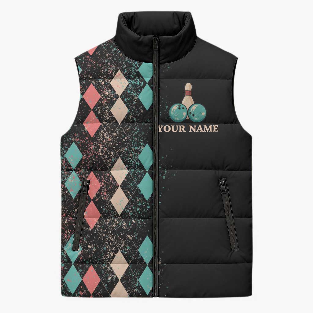 Custom Bowling Balls Sleeveless Puffer Jacket with Does This Shirt Make My Balls Look Big Quote and Retro Argyle Pattern - Wonder Print Shop