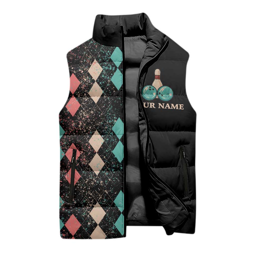 Custom Bowling Balls Sleeveless Puffer Jacket with Does This Shirt Make My Balls Look Big Quote and Retro Argyle Pattern - Wonder Print Shop
