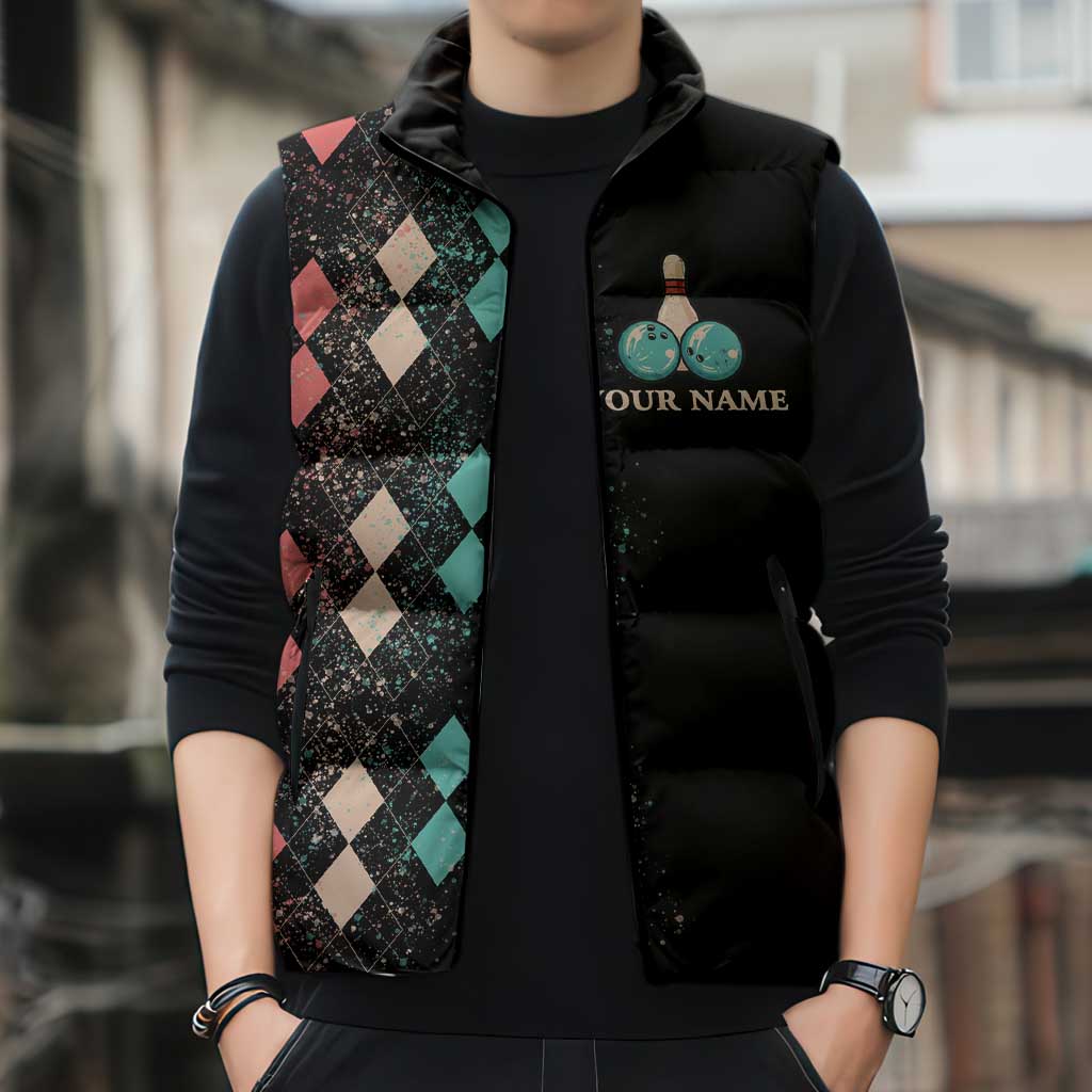 Custom Bowling Balls Sleeveless Puffer Jacket with Does This Shirt Make My Balls Look Big Quote and Retro Argyle Pattern - Wonder Print Shop