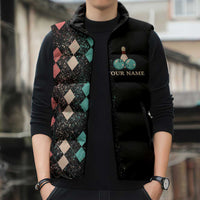Custom Bowling Balls Sleeveless Puffer Jacket with Does This Shirt Make My Balls Look Big Quote and Retro Argyle Pattern - Wonder Print Shop