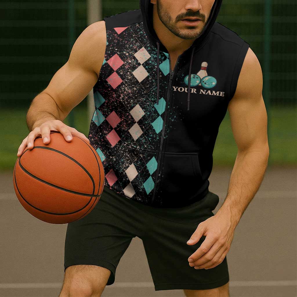 Custom Bowling Balls Sleeveless Zip Hoodie with Does This Shirt Make My Balls Look Big Quote and Retro Argyle Pattern - Wonder Print Shop
