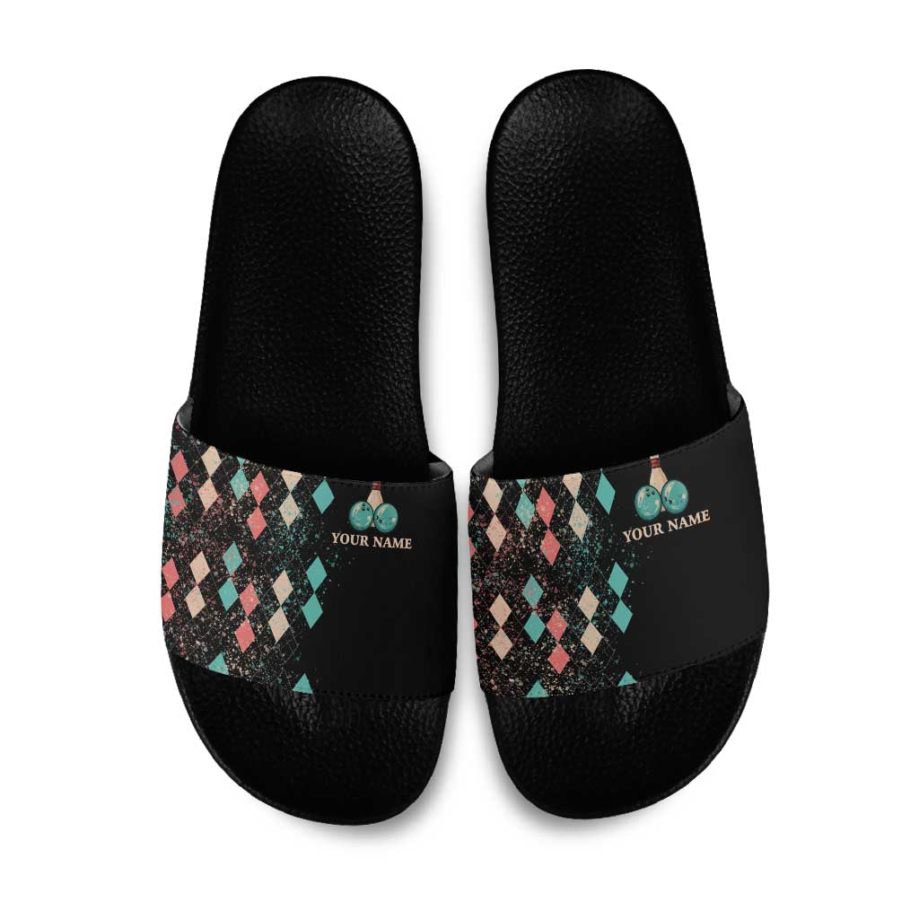 Custom Bowling Balls Slide Sandals with Does This Shirt Make My Balls Look Big Quote and Retro Argyle Pattern - Wonder Print Shop