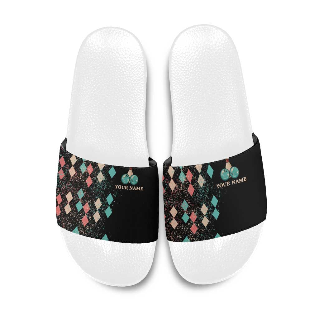 Custom Bowling Balls Slide Sandals with Does This Shirt Make My Balls Look Big Quote and Retro Argyle Pattern - Wonder Print Shop