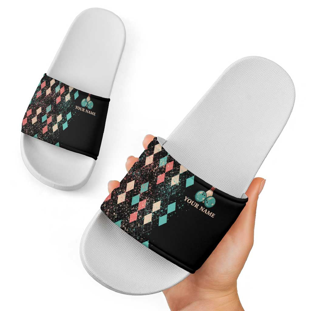 Custom Bowling Balls Slide Sandals with Does This Shirt Make My Balls Look Big Quote and Retro Argyle Pattern - Wonder Print Shop