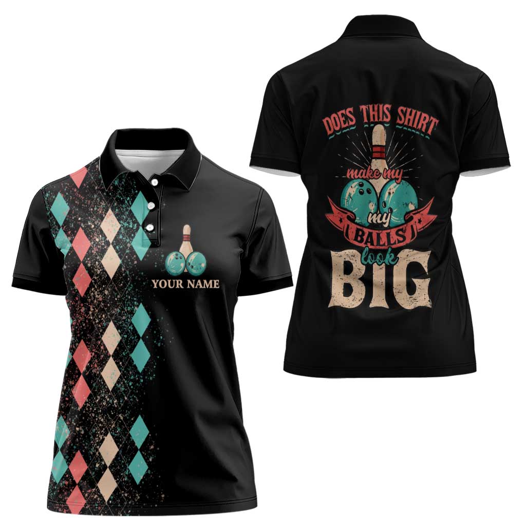 Custom Bowling Balls Women Polo Shirt with Does This Shirt Make My Balls Look Big Quote and Retro Argyle Pattern - Wonder Print Shop