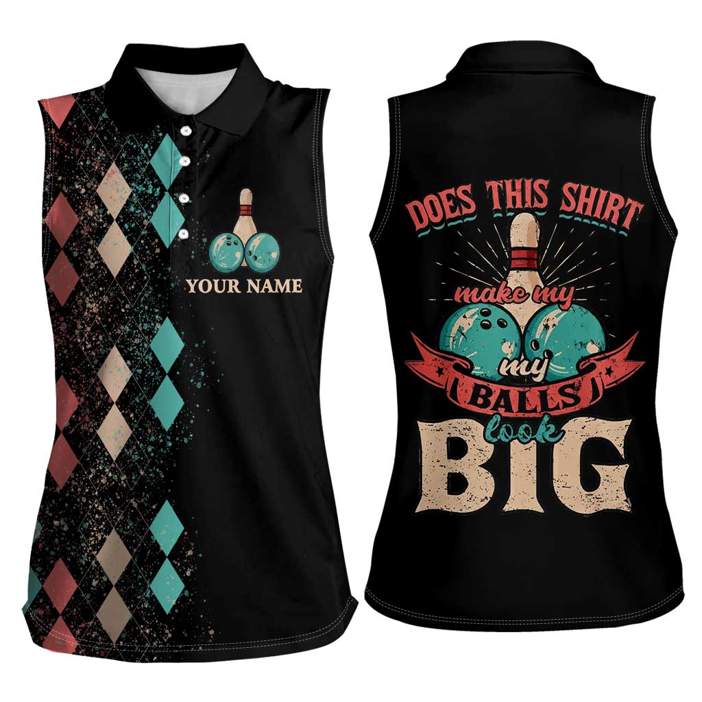 Custom Bowling Balls Women Sleeveless Polo Shirt with Does This Shirt Make My Balls Look Big Quote and Retro Argyle Pattern - Wonder Print Shop