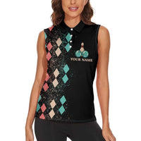 Custom Bowling Balls Women Sleeveless Polo Shirt with Does This Shirt Make My Balls Look Big Quote and Retro Argyle Pattern - Wonder Print Shop