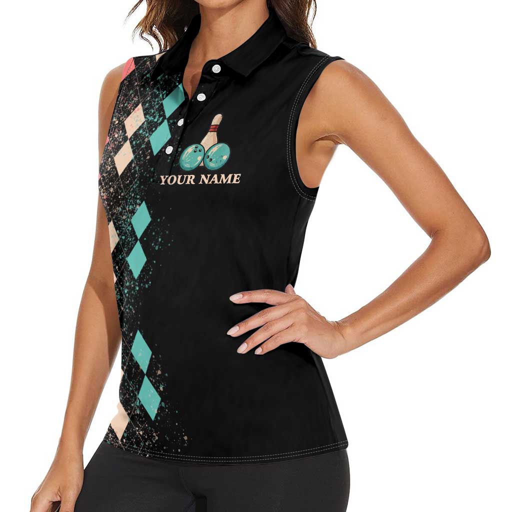 Custom Bowling Balls Women Sleeveless Polo Shirt with Does This Shirt Make My Balls Look Big Quote and Retro Argyle Pattern - Wonder Print Shop