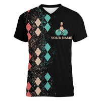 Custom Bowling Balls Women V-Neck T-Shirt with Does This Shirt Make My Balls Look Big Quote and Retro Argyle Pattern - Wonder Print Shop