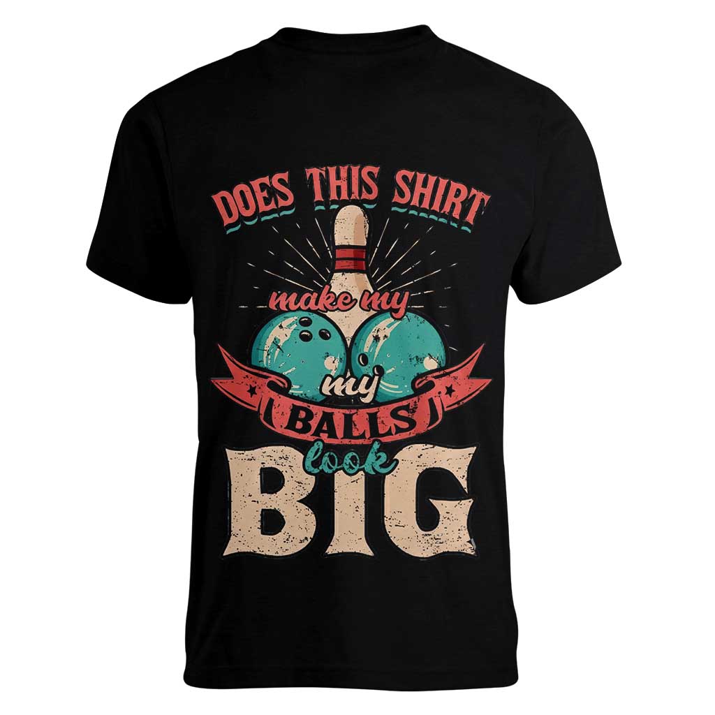 Custom Bowling Balls Women V-Neck T-Shirt with Does This Shirt Make My Balls Look Big Quote and Retro Argyle Pattern - Wonder Print Shop