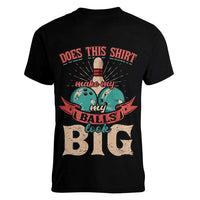 Custom Bowling Balls Women V-Neck T-Shirt with Does This Shirt Make My Balls Look Big Quote and Retro Argyle Pattern - Wonder Print Shop