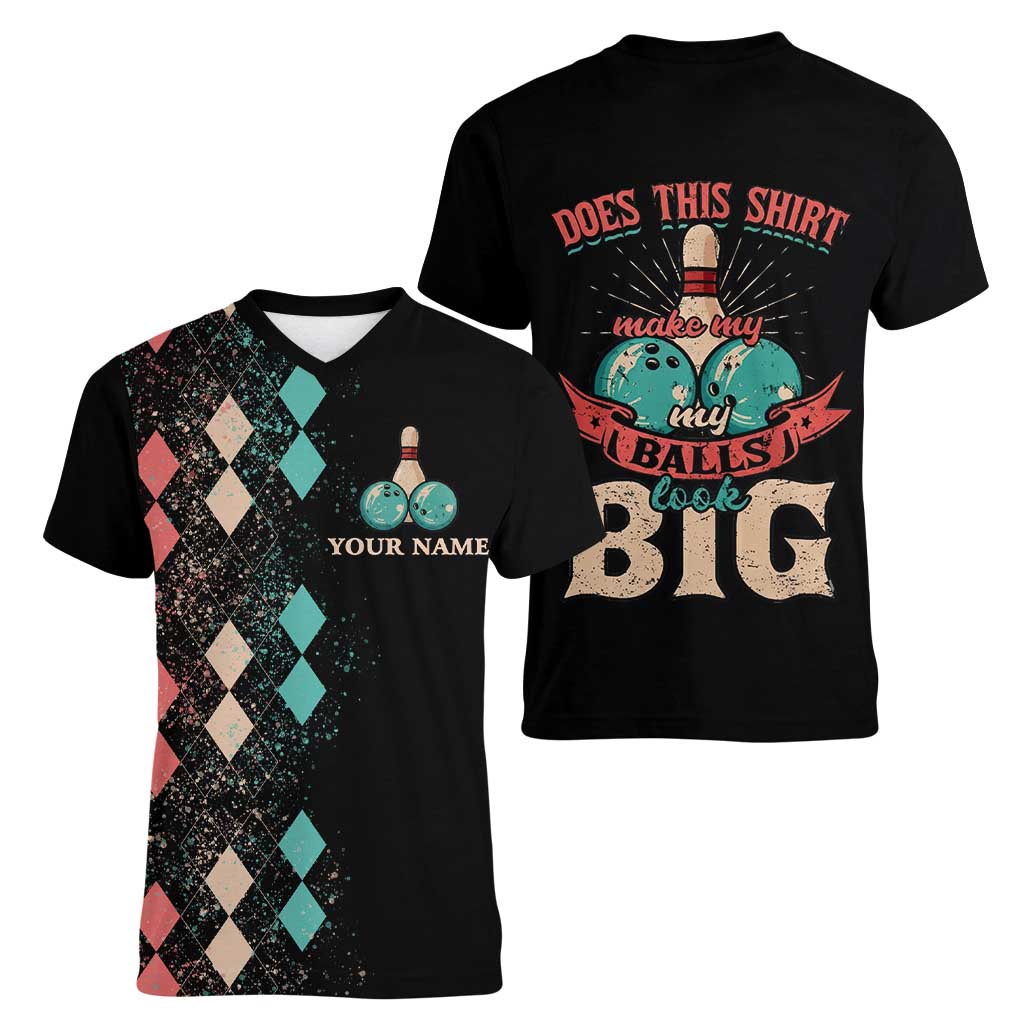 Custom Bowling Balls Women V-Neck T-Shirt with Does This Shirt Make My Balls Look Big Quote and Retro Argyle Pattern - Wonder Print Shop