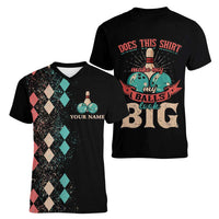 Custom Bowling Balls Women V-Neck T-Shirt with Does This Shirt Make My Balls Look Big Quote and Retro Argyle Pattern - Wonder Print Shop