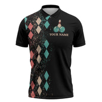 Custom Bowling Balls Zipper Polo Shirt with Does This Shirt Make My Balls Look Big Quote and Retro Argyle Pattern - Wonder Print Shop