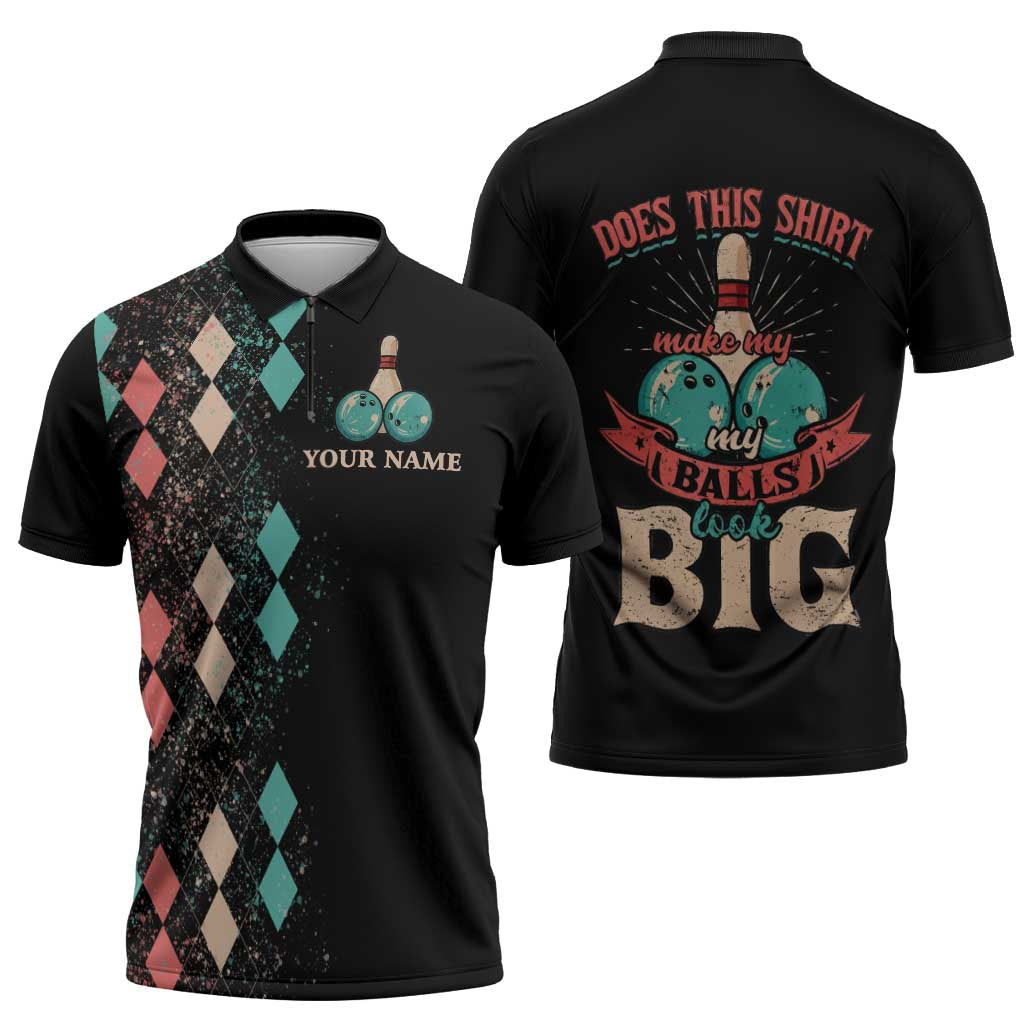 Custom Bowling Balls Zipper Polo Shirt with Does This Shirt Make My Balls Look Big Quote and Retro Argyle Pattern - Wonder Print Shop