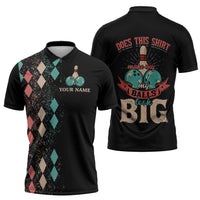 Custom Bowling Balls Zipper Polo Shirt with Does This Shirt Make My Balls Look Big Quote and Retro Argyle Pattern - Wonder Print Shop