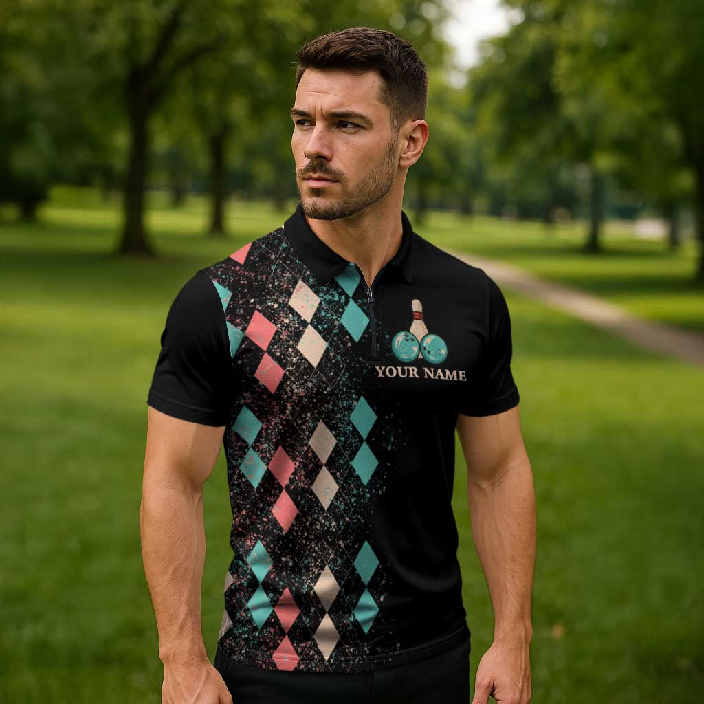 Custom Bowling Balls Zipper Polo Shirt with Does This Shirt Make My Balls Look Big Quote and Retro Argyle Pattern - Wonder Print Shop