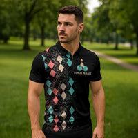 Custom Bowling Balls Zipper Polo Shirt with Does This Shirt Make My Balls Look Big Quote and Retro Argyle Pattern - Wonder Print Shop