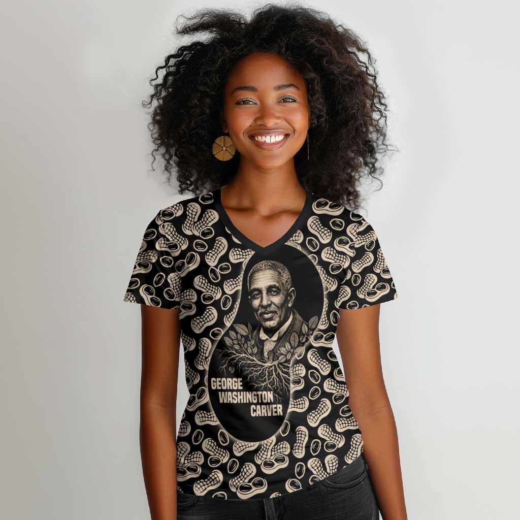George Washington Carver Women V-Neck T-Shirt Peanut From Soil Comes Knowledge Quote and Agricultural Roots - Wonder Print Shop