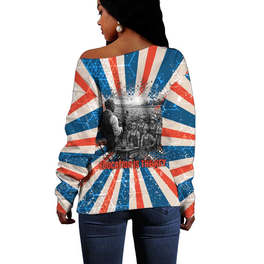 George Washington Carver Off Shoulder Sweater with Science Teaching Scene, Education Is the Key Quote - Wonder Print Shop