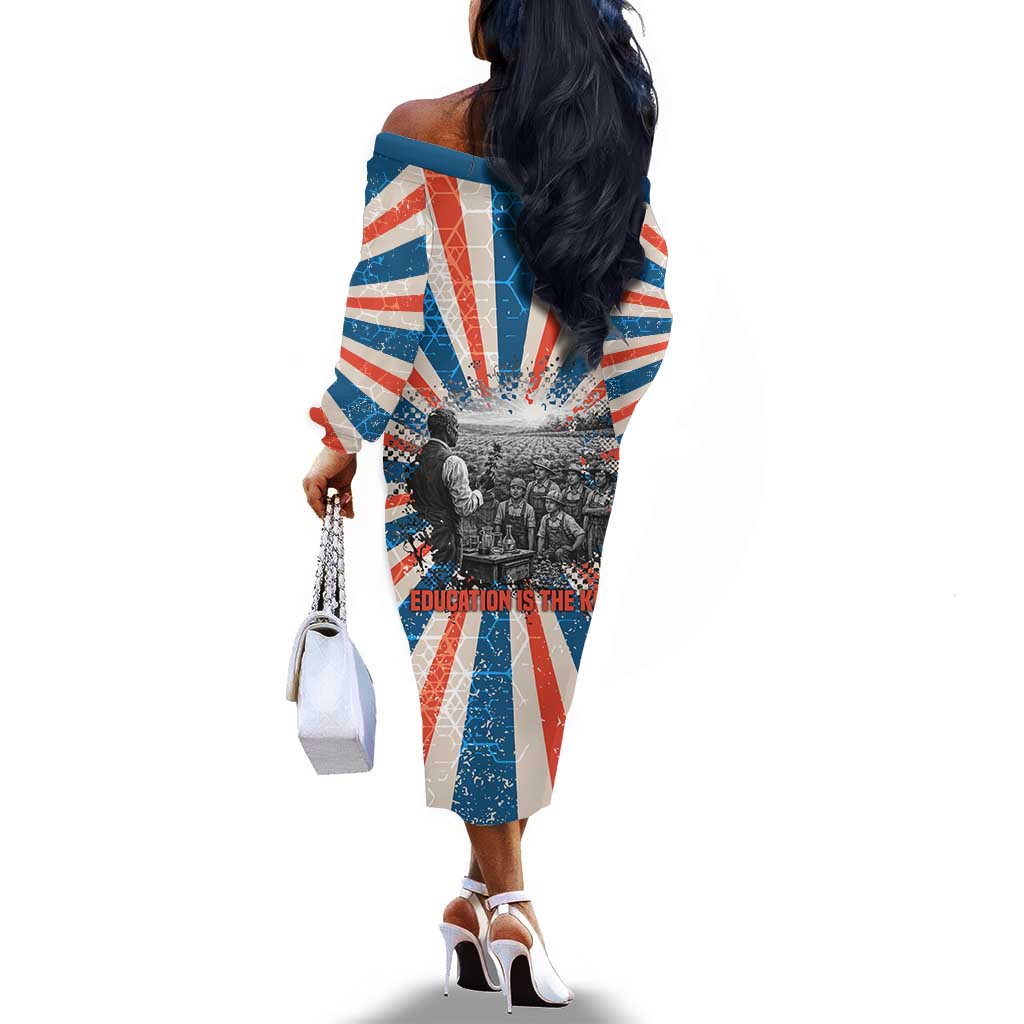 George Washington Carver Off The Shoulder Long Sleeve Dress with Science Teaching Scene, Education Is the Key Quote - Wonder Print Shop
