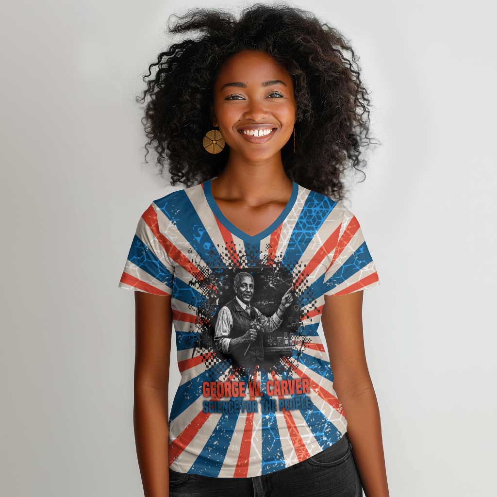 George Washington Carver Women V-Neck T-Shirt with Science Teaching Scene, Education Is the Key Quote - Wonder Print Shop