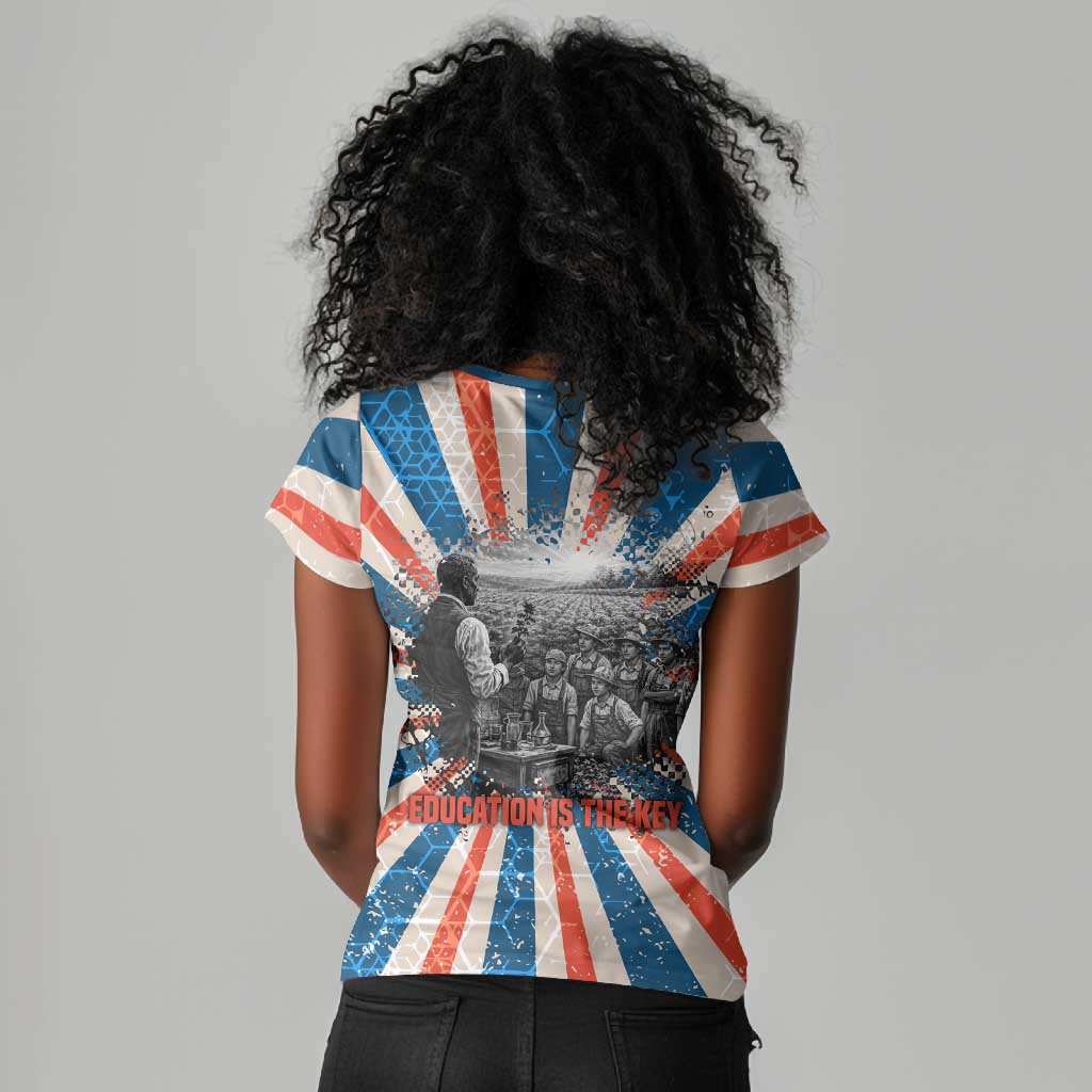 George Washington Carver Women V-Neck T-Shirt with Science Teaching Scene, Education Is the Key Quote - Wonder Print Shop