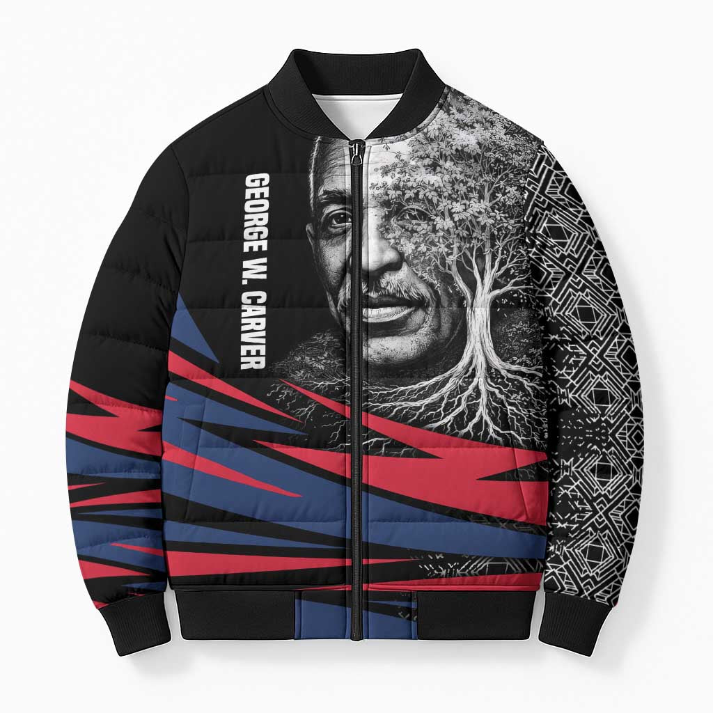 George Washington Carver Bomber Puffer Jacket with Tree Portrait Illustration, Nature Is the Greatest Teacher Quote - Wonder Print Shop