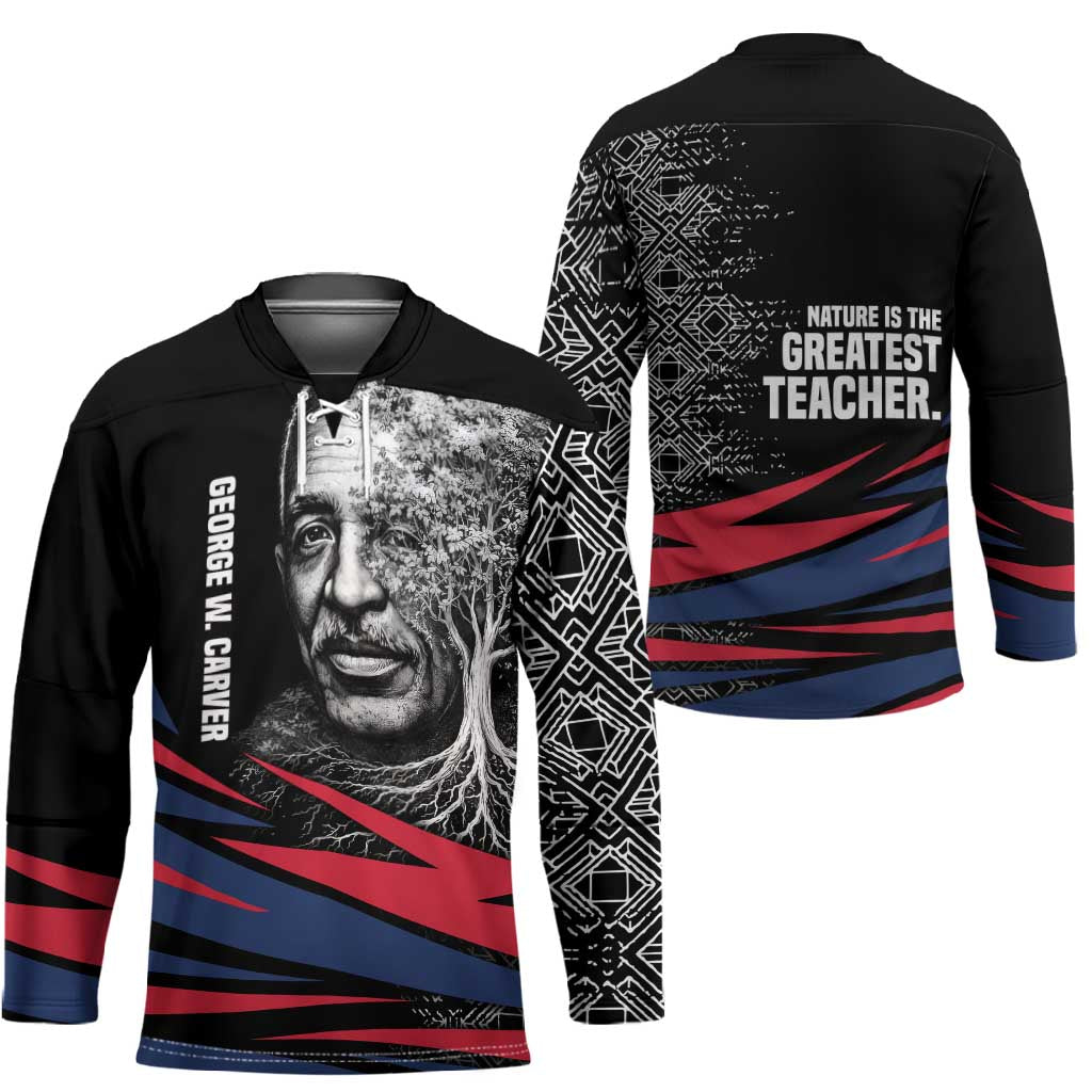 George Washington Carver Hockey Jersey with Tree Portrait Illustration, Nature Is the Greatest Teacher Quote - Wonder Print Shop