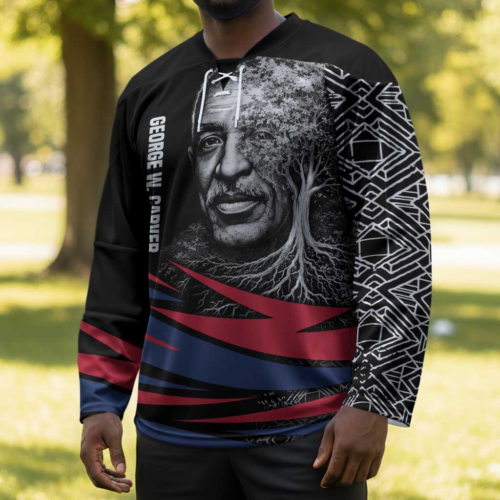 George Washington Carver Hockey Jersey with Tree Portrait Illustration, Nature Is the Greatest Teacher Quote - Wonder Print Shop