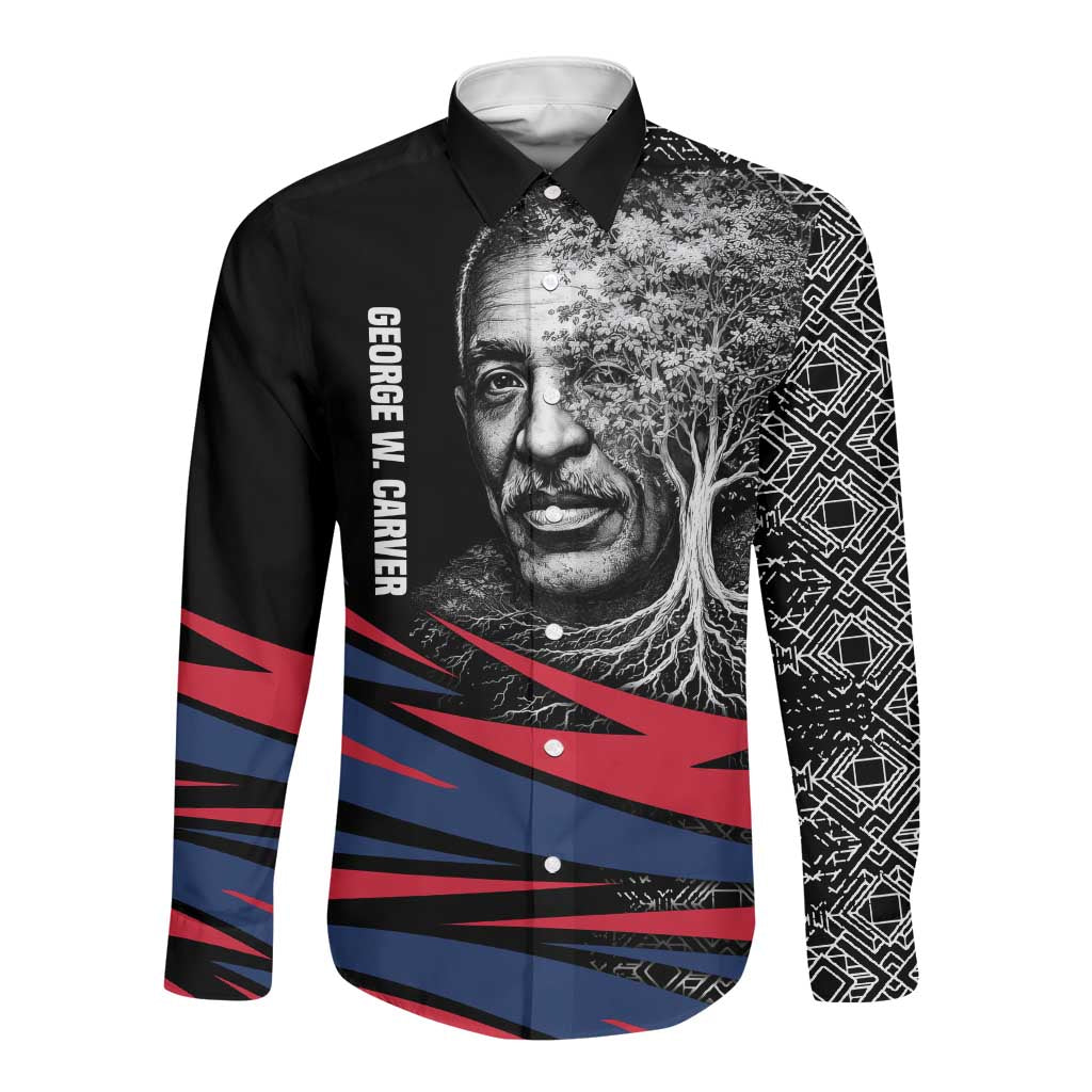 George Washington Carver Long Sleeve Button Shirt with Tree Portrait Illustration, Nature Is the Greatest Teacher Quote - Wonder Print Shop